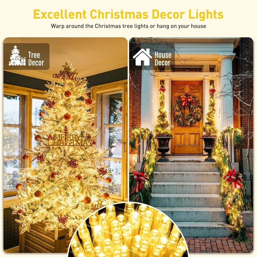 600 LED Christmas Lights Outdoor Indoor String Lights 8 Modes Warm White 206 FT